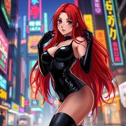a sexy anime girl with long, cascading red hair and a voluptuous figure, wearing a sleek black latex bodysuit that accentuates her curves
