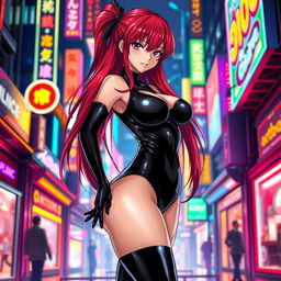 a sexy anime girl with long, cascading red hair and a voluptuous figure, wearing a sleek black latex bodysuit that accentuates her curves