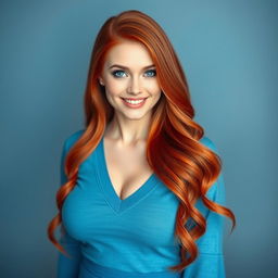 A stunning white beauty with striking red hair, sporting a cute smile and captivating blue eyes
