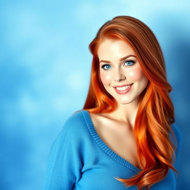 A stunning white beauty with striking red hair, sporting a cute smile and captivating blue eyes