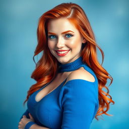A stunning white beauty with striking red hair, sporting a cute smile and captivating blue eyes