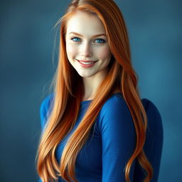 A captivating white beauty with gorgeous red hair, showcasing a slim figure and a cute smile, complemented by enchanting blue eyes