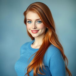 A captivating white beauty with gorgeous red hair, showcasing a slim figure and a cute smile, complemented by enchanting blue eyes