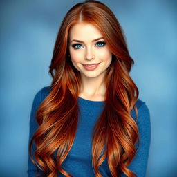A captivating white beauty with gorgeous red hair, showcasing a slim figure and a cute smile, complemented by enchanting blue eyes