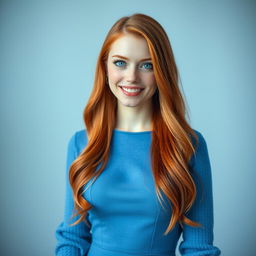 A beautiful white woman with radiant red hair, showcasing a slim figure and a cute smile