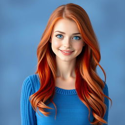A beautiful white woman with radiant red hair, showcasing a slim figure and a cute smile