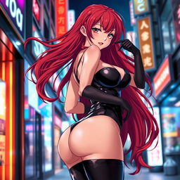 a sexy anime girl with long, wavy red hair flowing dramatically, showcasing her voluptuous figure in a form-fitting black latex bodysuit that accentuates her curves
