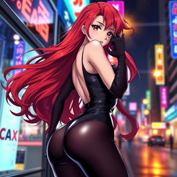 a sexy anime girl with long, wavy red hair flowing dramatically, showcasing her voluptuous figure in a form-fitting black latex bodysuit that accentuates her curves