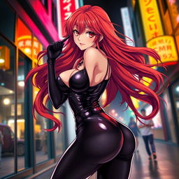 a sexy anime girl with long, wavy red hair flowing dramatically, showcasing her voluptuous figure in a form-fitting black latex bodysuit that accentuates her curves