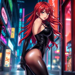 a sexy anime girl with long, wavy red hair flowing dramatically, showcasing her voluptuous figure in a form-fitting black latex bodysuit that accentuates her curves