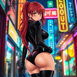 a sexy anime girl with long, flowing red hair and a voluptuous figure, facing the viewer while wearing a tight black latex bodysuit that accentuates her curves