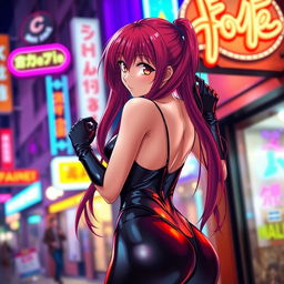 a sexy anime girl with long, flowing red hair and a voluptuous figure, facing the viewer while wearing a tight black latex bodysuit that accentuates her curves