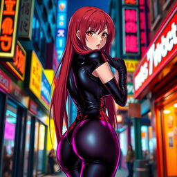 a sexy anime girl with long, flowing red hair and a voluptuous figure, facing the viewer while wearing a tight black latex bodysuit that accentuates her curves