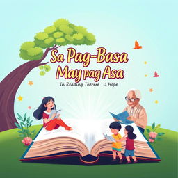 A vibrant and inspiring poster depicting the theme "Sa Pag-Basa May Pag-Asa" (In Reading There is Hope)