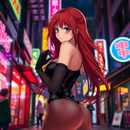 a sexy anime girl with long, flowing red hair and a curvaceous figure, facing the viewer while wearing a tight black latex bodysuit that highlights her voluptuous shape