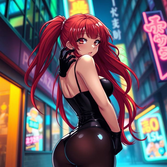 a sexy anime girl with long, flowing red hair and a curvaceous figure, facing the viewer while wearing a tight black latex bodysuit that highlights her voluptuous shape