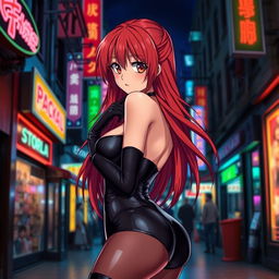 a sexy anime girl with long, flowing red hair and a curvaceous figure, facing the viewer while wearing a tight black latex bodysuit that highlights her voluptuous shape
