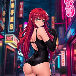 a sexy anime girl with long, flowing red hair and a curvaceous figure, facing the viewer while wearing a tight black latex bodysuit that highlights her voluptuous shape