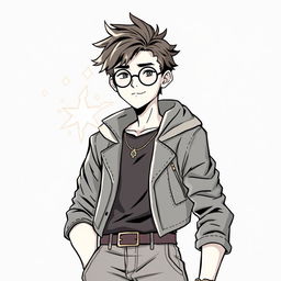 A human mage sorcerer with short hair and round glasses, dressed in trendy urban clothing, depicted in a clean line art style