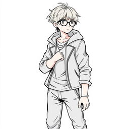 A human mage sorcerer with short hair and round glasses, dressed in trendy urban clothing, depicted in a clean line art style