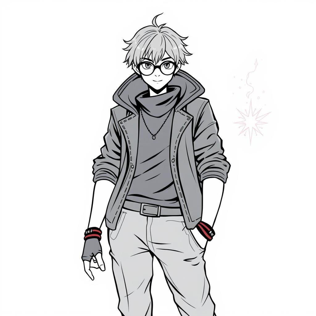 A human mage sorcerer with short hair and round glasses, dressed in trendy urban clothing, depicted in a clean line art style