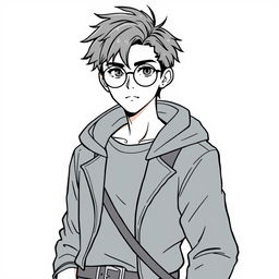 A human mage sorcerer with short hair and round glasses, dressed in trendy urban clothing, depicted in a clean line art style