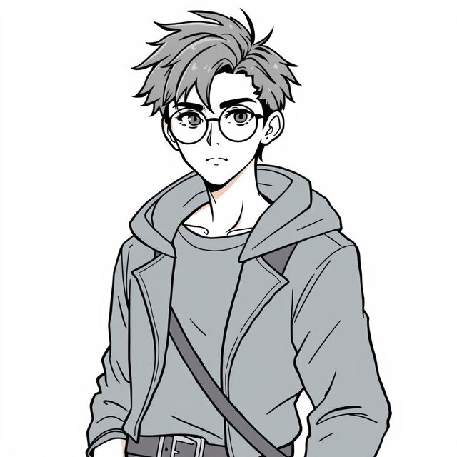 A human mage sorcerer with short hair and round glasses, dressed in trendy urban clothing, depicted in a clean line art style
