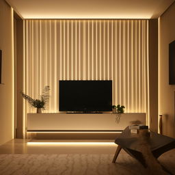 A luxurious living room TV backdrop featuring modern designs, ambient lighting and minimalist decor to create a cozy atmosphere.