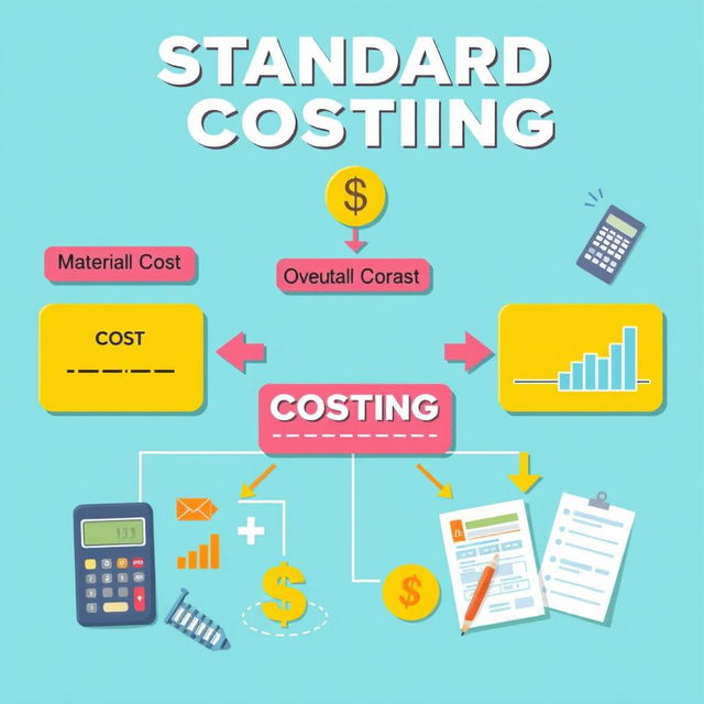 A visually engaging and informative illustration focusing on standard costing in accounting