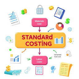 A visually engaging and informative illustration focusing on standard costing in accounting