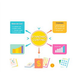 A visually engaging and informative illustration focusing on standard costing in accounting