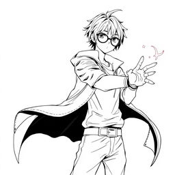 A human mage sorcerer with short black hair and round glasses, dressed in urban clothing