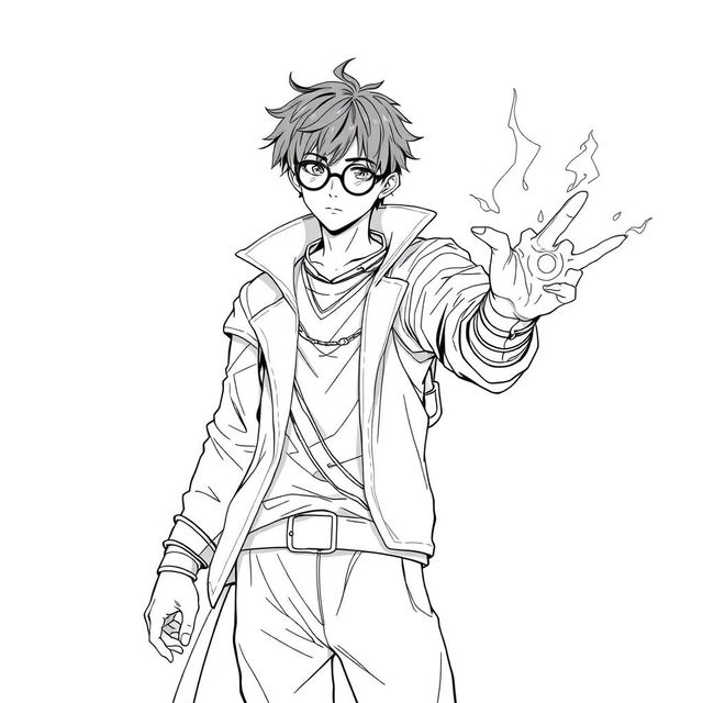 A human mage sorcerer with short black hair and round glasses, dressed in urban clothing