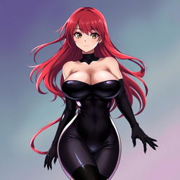 A captivating and alluring anime girl with long, flowing red hair and a curvaceous figure, prominently featuring large breasts