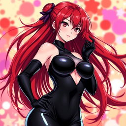A captivating and alluring anime girl with long, flowing red hair and a curvaceous figure, prominently featuring large breasts