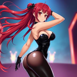 A captivating and alluring anime girl with long, flowing red hair and a curvaceous figure, prominently featuring large breasts