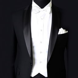 A stylish three-piece tuxedo in jet black color, featuring a white shirt and matching pants