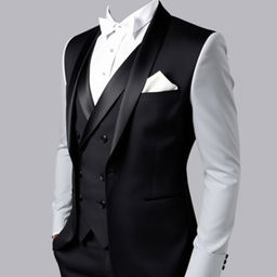 A stylish three-piece tuxedo in jet black color, featuring a white shirt and matching pants