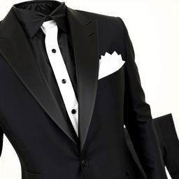 A stylish three-piece tuxedo in jet black color, featuring a white shirt and matching pants