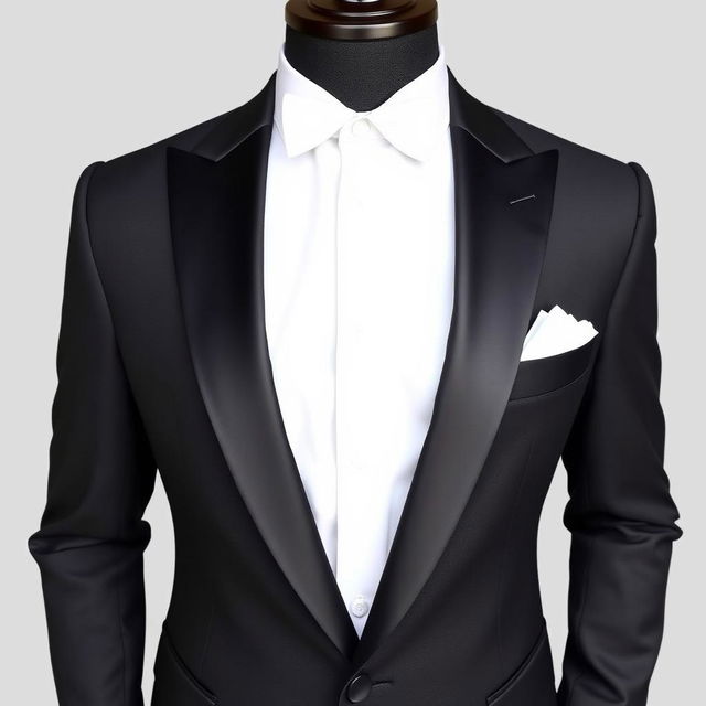 A stylish three-piece tuxedo in jet black color, featuring a white shirt and matching pants