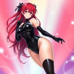 A stunning and sexy anime girl with long, flowing red hair and an eye-catching curvy figure, displaying impressive large breasts