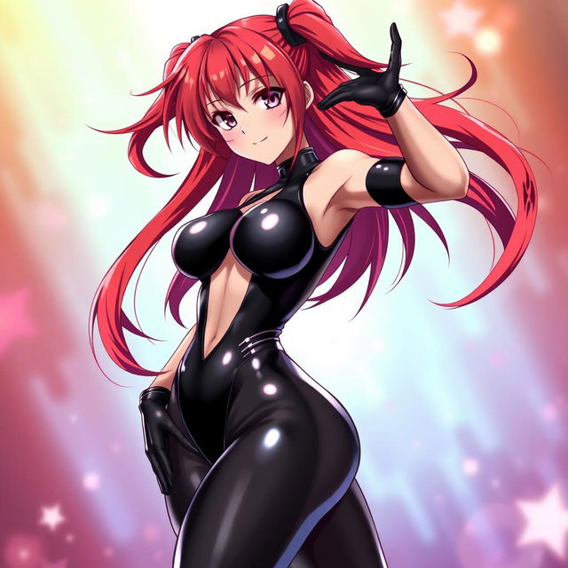 A stunning and sexy anime girl with long, flowing red hair and an eye-catching curvy figure, displaying impressive large breasts