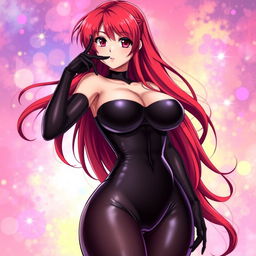 A stunning and sexy anime girl with long, flowing red hair and an eye-catching curvy figure, displaying impressive large breasts