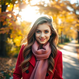 A beautiful 18-year-old Russian girl standing in a scenic park during autumn