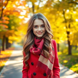 A beautiful 18-year-old Russian girl standing in a scenic park during autumn