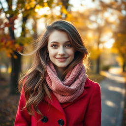 A beautiful 18-year-old Russian girl standing in a scenic park during autumn