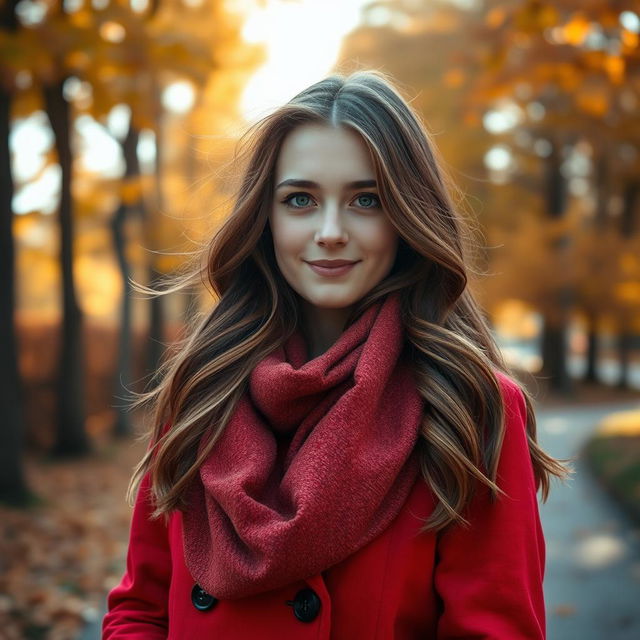 A beautiful 18-year-old Russian girl standing in a scenic park during autumn