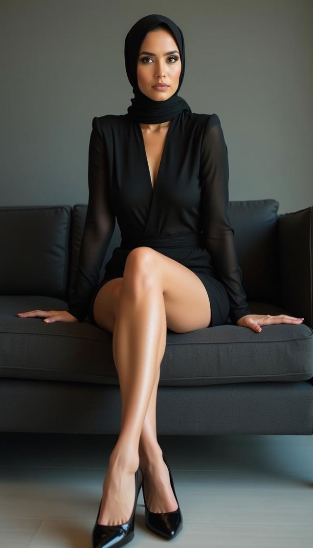 A sensual 40-year-old woman sitting gracefully on a modern couch, crossing her sexy legs
