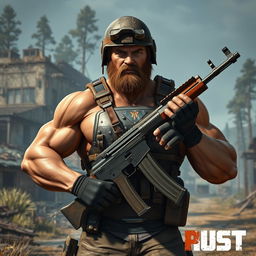 A muscular man with a powerful physique, showcasing prestige and strength, equipped with an AK-47 assault rifle