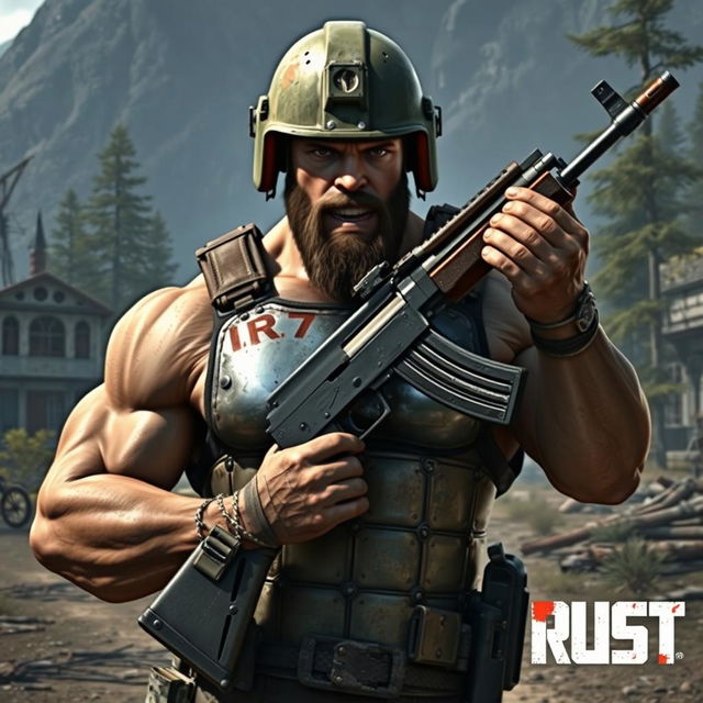 A muscular man with a powerful physique, showcasing prestige and strength, equipped with an AK-47 assault rifle